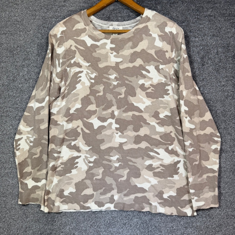 Style & Co Sweater Womens L Camo Crewneck Pullover Tan Beige Camouflage
